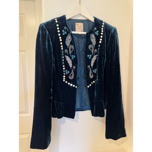 Nanette Lepore Blue Crushed Velvet Velour Beaded Jacket Size 6